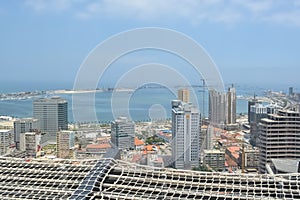 Aerial view of downtown Luanda, bay and Port of Luanda, marginal and central buildings, in Angola