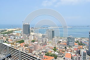 Aerial view of downtown Luanda, bay and Port of Luanda, marginal and central buildings, in Angola