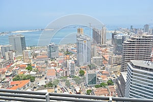 Aerial view of downtown Luanda, bay and Port of Luanda, marginal and central buildings, in Angola