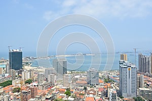 Aerial view of downtown Luanda, bay and Port of Luanda, marginal and central buildings, in Angola