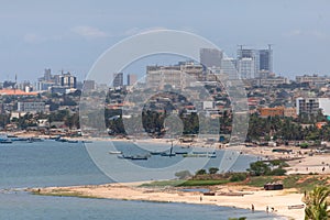 Aerial view of downtown Luanda, marine coast and beach, marginal and central buildings, in Angola