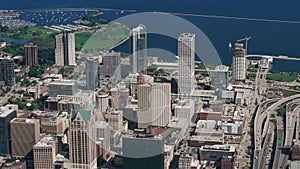 Aerial view of downtown Milwaukee city, Michigan lake shoreline.