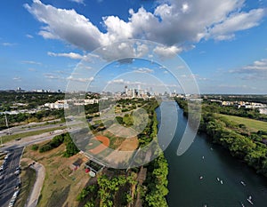 Aerial view of the downtown river park and city in Austin, Texas, USA