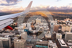 Aerial view of downtown San Jose in the evening; Silicon Valley, South San Francisco Bay Area, California