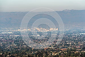Aerial view of downtown San Jose on a sunny afternoon; Silicon Valley, south San Francisco bay area, California; pollution and
