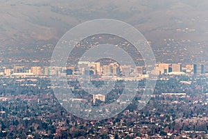 Aerial view of downtown San Jose on a sunny afternoon; Silicon Valley, south San Francisco bay area, California; pollution and