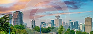 Aerial view of Downtown Vancouver skyline at sunset, British Columbia