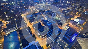 Aerial view of Downtown Vancouver skyline and traffic from a city rooftop at night