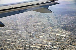 Aerial view of downtown, view from window seat in an airplane