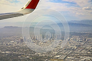 Aerial view of downtown, view from window seat in an airplane