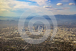 Aerial view of downtown, view from window seat in an airplane