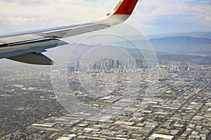 Aerial view of downtown, view from window seat in an airplane