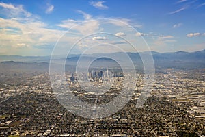 Aerial view of downtown, view from window seat in an airplane