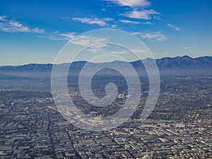 Aerial view of downtown, view from window seat in an airplane