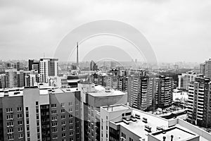 Aerial view of downtown in Yekaterinburg, Russia during the cloudy day. Black and white
