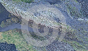 Aerial view with dozen of stones on Giants Causeway, the famous landmark on Northern Ireland UK