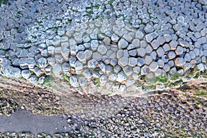 Aerial view with dozen of stones on Giants Causeway, the famous landmark on Northern Ireland UK