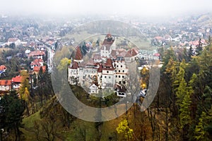 Aerial view of Dracula's Castle in the rain