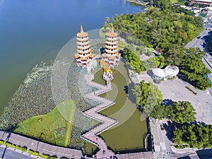 Aerial view of Dragon and Tiger Pagodas in Lotus Pond, Kaohsiung