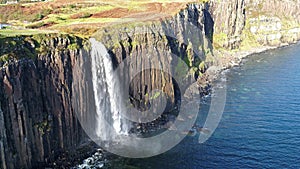 Aerial view of the dramatic coastline at the cliffs by Staffin with the famous Kilt Rock waterfall - Isle of Skye -