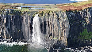 Aerial view of the dramatic coastline at the cliffs by Staffin with the famous Kilt Rock waterfall - Isle of Skye -