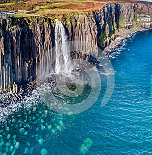 Aerial view of the dramatic coastline at the cliffs by Staffin with the famous Kilt Rock waterfall - Isle of Skye -