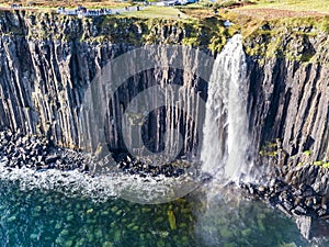 Aerial view of the dramatic coastline at the cliffs by Staffin with the famous Kilt Rock waterfall - Isle of Skye -