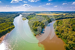 Aerial view of Drava and Mura rivers mouth, Podravina