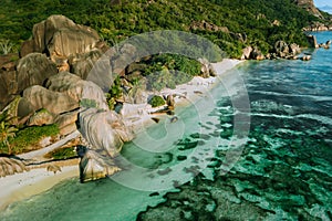 Aerial view of dreamy exotic beach Anse Source d'Argent at La Digue island, Seychelles