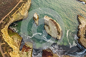 Aerial view from drone, beautiful beach landscape on California coast, Shark Fin Bay, Pacific highway number one, ocean