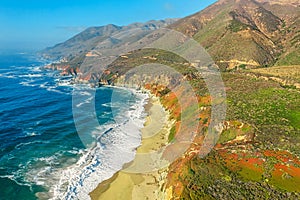 Aerial view from a drone, beautiful coastal landscape on Pacific Highway 1, traveling south to Los Angeles, Big Sur