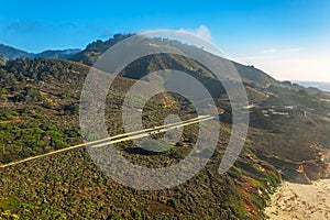Aerial view from drone, beautiful landscape on Pacific Highway 1, travel south to Los Angeles, Big Sur, California