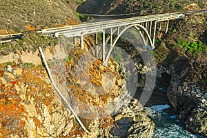 Aerial view from a drone, Bixby Creek Bridge on Highway One on the US West Coast heading south to Los Angeles, Big Sur