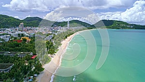 Aerial view Drone camera flying over Patong city Phuket Thailand Beautiful patong beach in summer season Amazing landscape panoram