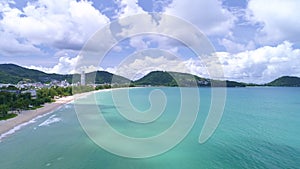 Aerial view Drone camera flying over Patong city Phuket Thailand Beautiful patong beach in summer season Amazing landscape panoram