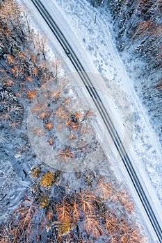 Aerial view from drone of car on curvy snow covered road in the winter forest