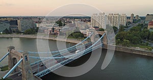 Aerial view from drone on the city by the river and Grunwaldzki Bridge at afternoon