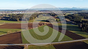 Aerial view with drone of different colored fields, road and alps in spring in Bavaria