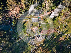 Aerial view of drone flying above Fang Hot Spring