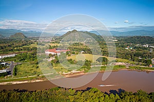 Aerial view of drone flying above Kok River