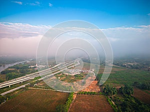 Aerial view of drone flying above Kok River