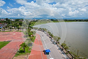 Aerial view of drone flying above Kwan Payao