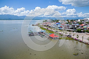 Aerial view of drone flying above Kwan Payao