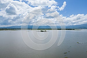 Aerial view of drone flying above Kwan Payao