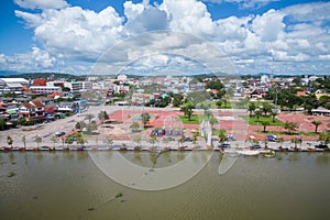 Aerial view of drone flying above Kwan Payao