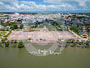 Aerial view of drone flying above Kwan Payao