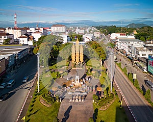 Aerial view of drone flying above PHO KHUN MANGRAI MONUMENT