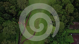 Aerial view drone flying over green grass field and forest