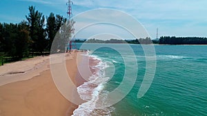 Aerial view Drone flying over Sea Beautiful ocean and sky with wave crashing on sandy beach