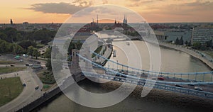 Aerial view from drone on the Grunwaldzki Bridge at afternoon - Wroclaw, Poland. 4K footage